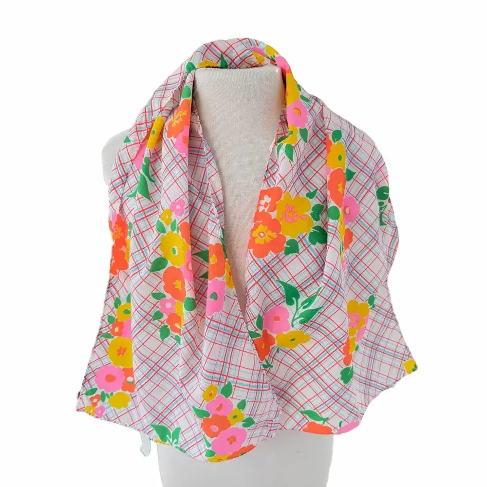 Vintage Rectangular Neck Scarf Bright Floral Grid Plaid Pink Yellow Orange